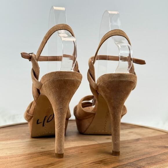 Vince Camuto Tan Suede Platform 8.5M Stiletto Heels Knotted Ankle Strap Sandals - Picture 6 of 16